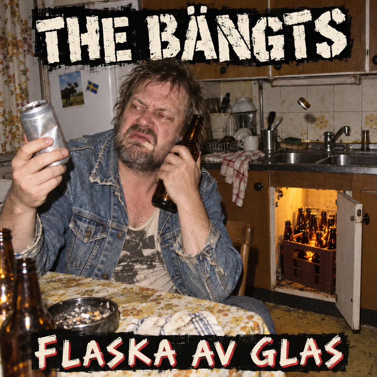 Track cover: a scruffy man in a denim jacket glares at a dented beer can while cradling a brown glass bottle against his cheek, a plaster on his lip, in a worn 1970s kitchen with a glowing crate of glass bottles under the sink.