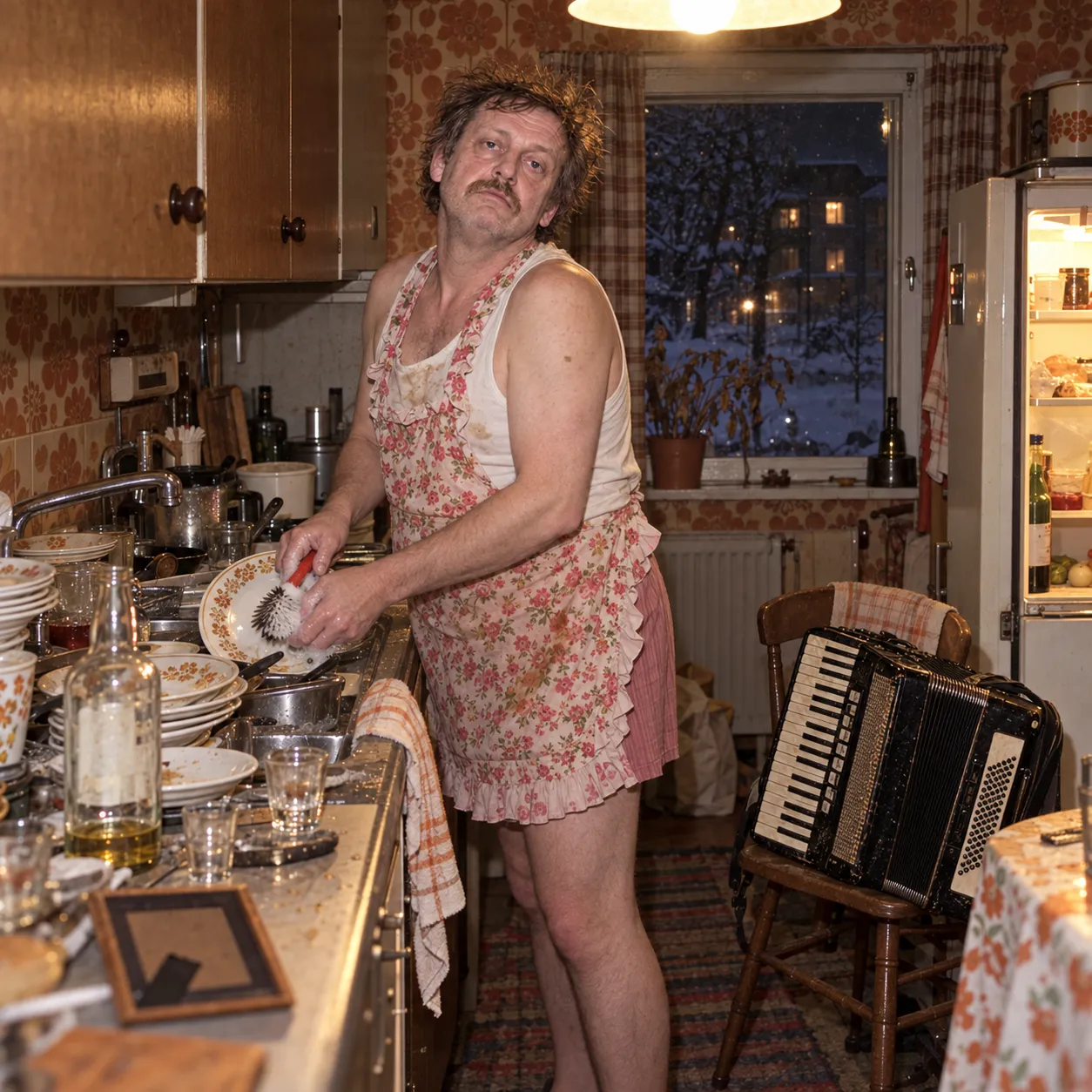 Track cover: a dishevelled, mustached man in a flowery apron over a stained undershirt and pink shorts scrubs a plate at a kitchen counter piled with dirty dishes and shot glasses, giving the camera a weary look. A snowy winter night is outside the window, and an accordion sits on a chair beside him.