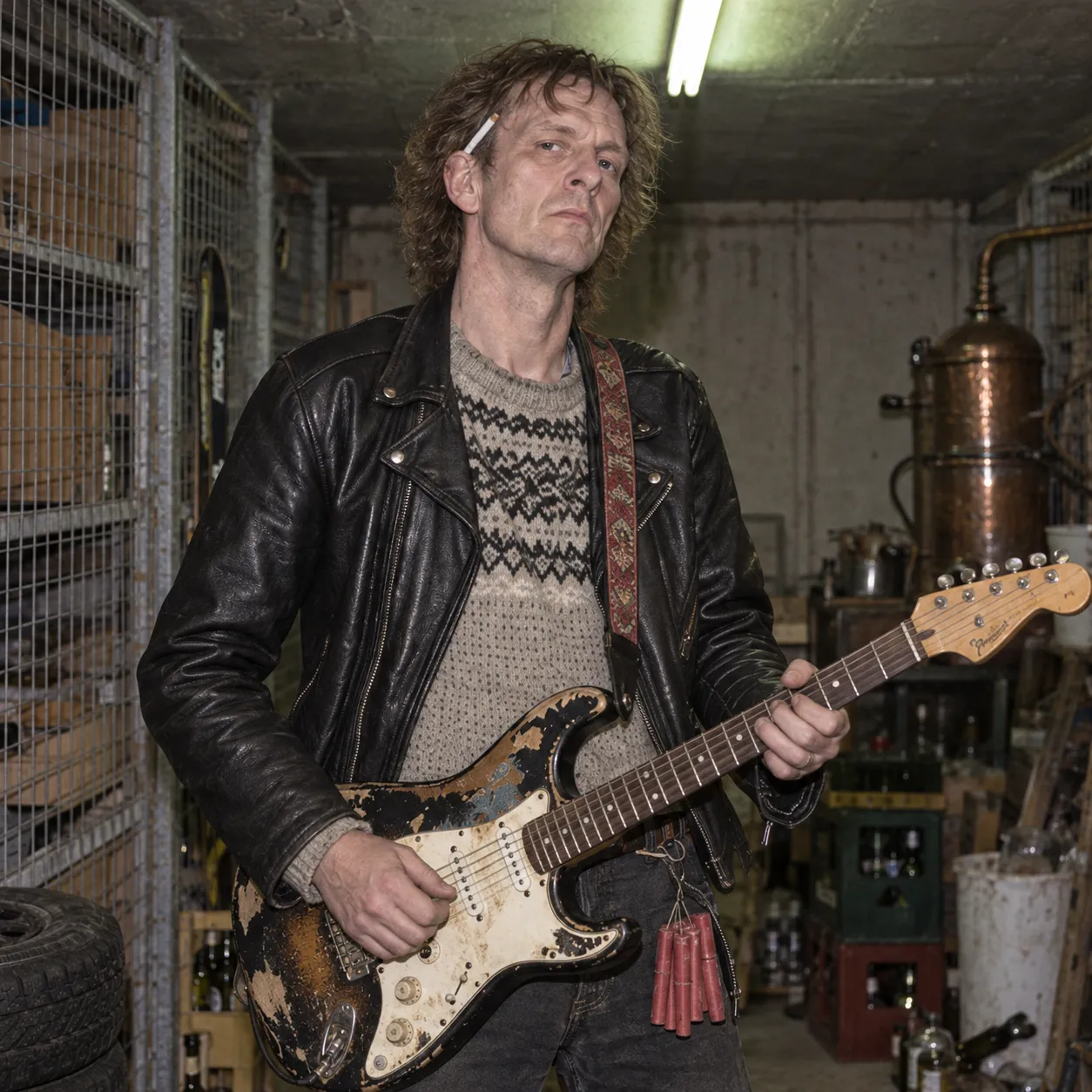 Bängt Öhman in a leather jacket with a cigarette behind his ear, firecrackers hanging from his guitar